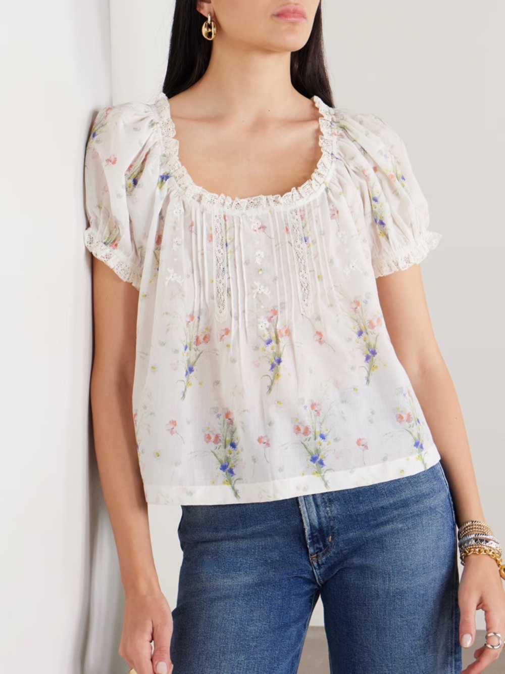Doen XS Frederica Lace Trim Floral Pintuck Cotton blouse Painted Bouquet